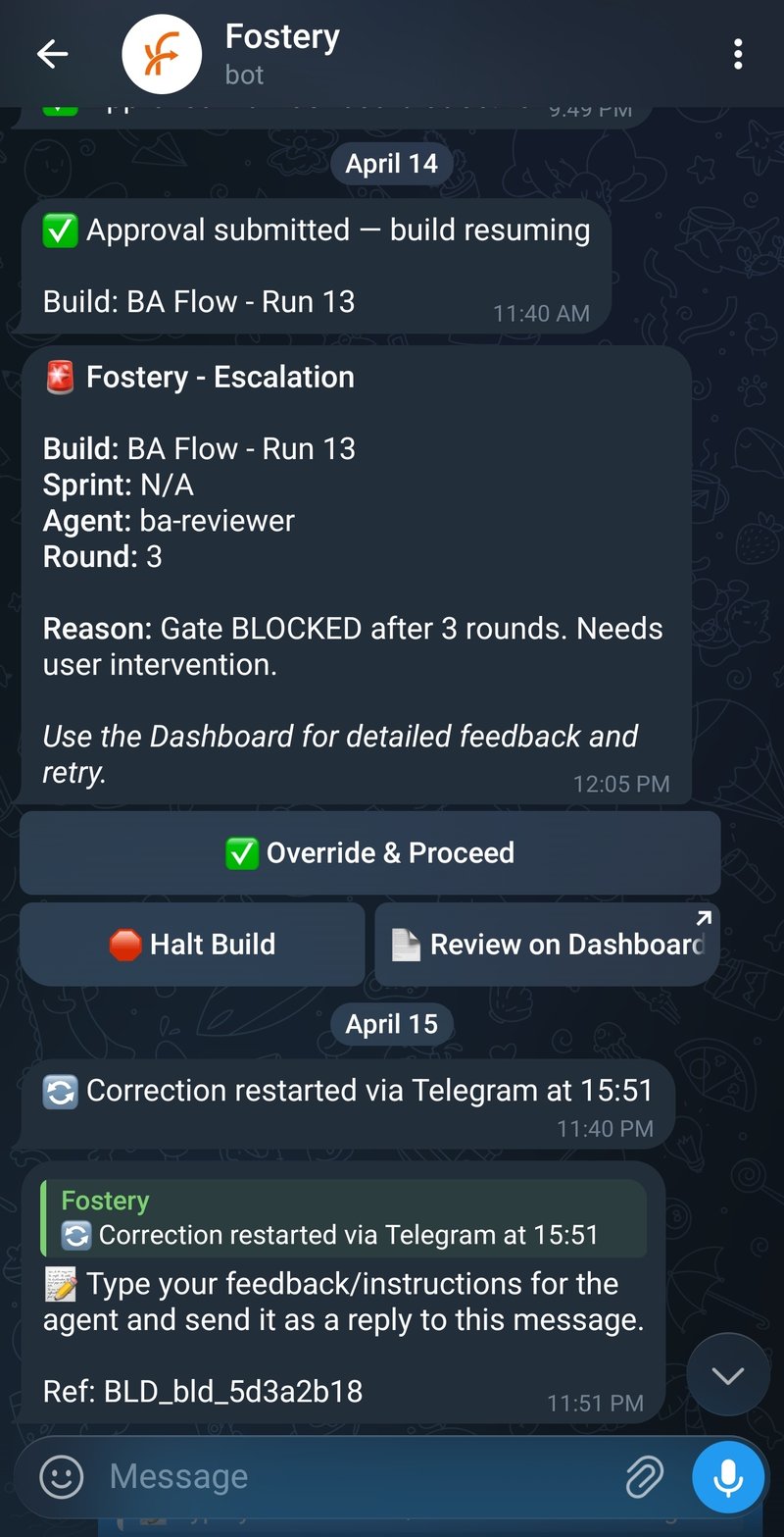 Real Telegram bot conversation showing a Fostery build escalation with Override, Halt Build, and Review on Dashboard action buttons.